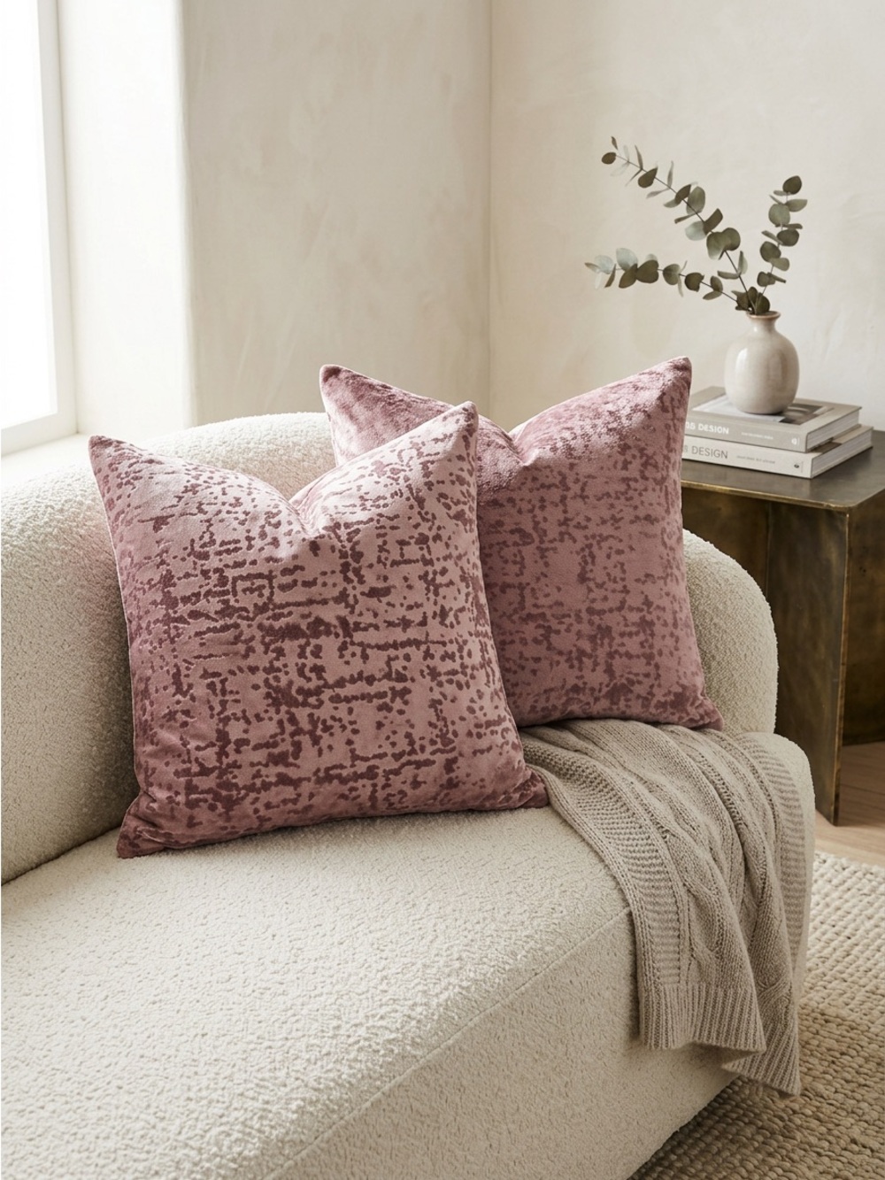 Set of 2 Pink Velvet Textured Throw Pillow Covers Large Euro Sham Case 22x24 EUC